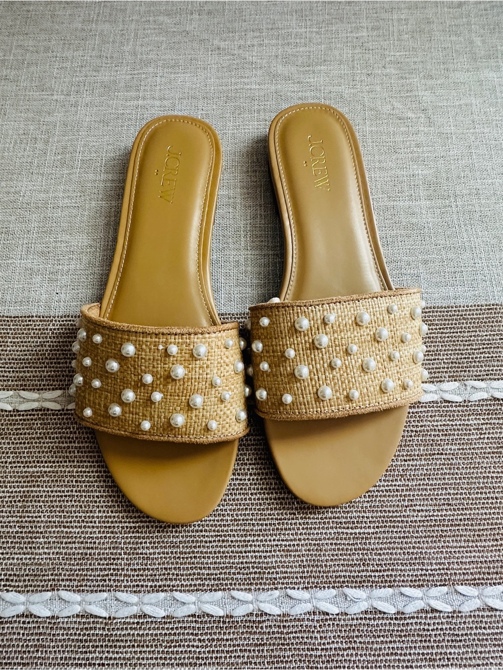 J. Crew Factory Tan Pearl-Trim Slide Sandals